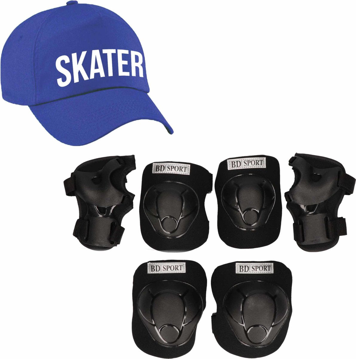 Set van valbescherming voor kinderen maat  S / 4 tot 5 jaar met een stoere SKATER pet blauw