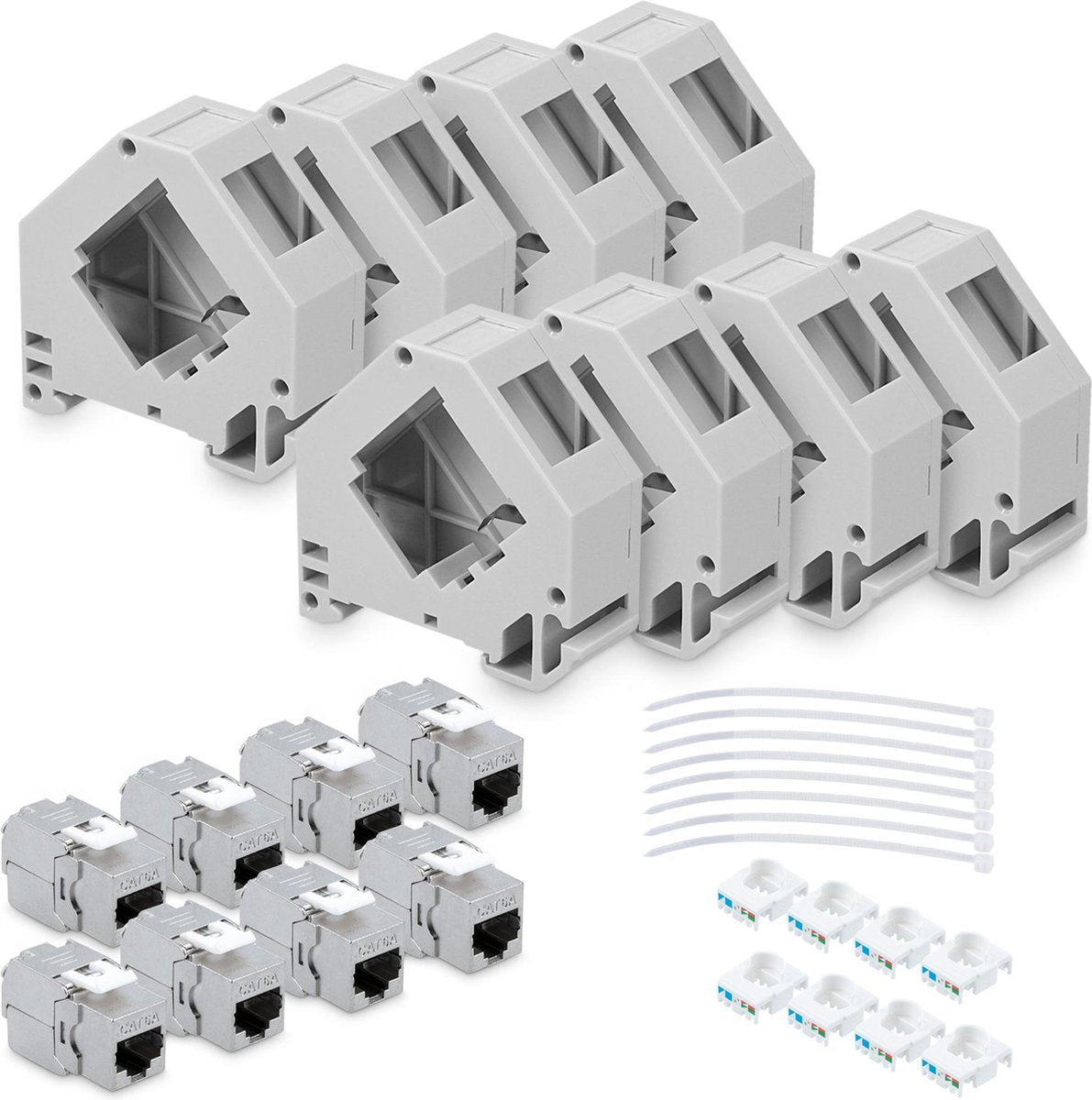 kwmobile 8 keystone adapters voor CAT6A kabels - Set van 8 keystone-modules RJ45 inclusief DIN-rail houders - Met afgeschermde metalen behuizing