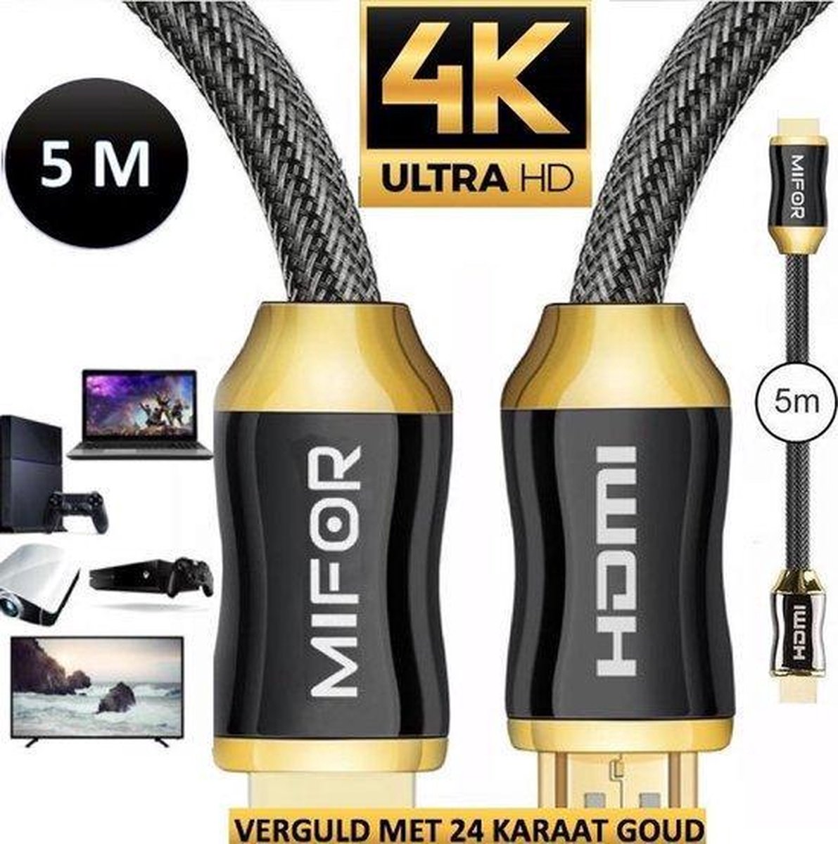 MIFOR® HDMI Kabel 2.0 -Ultra HD 4K -24 KARAAT GOLD PLATED- 5 METER-USB kabel 2.0 -Tot 240 HZ -18 GBps-Vergulde Connectoren-High Speed - Full HD Beeldkwaliteit-Male to Male-USB aansluiting-Laptop-TV Kabel -Computer-Scherp beeld-Kantoor en Thuis