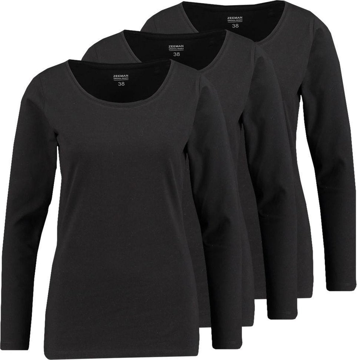 Zeeman dames T-shirt lange mouw - zwart - maat 36 - 3 stuks