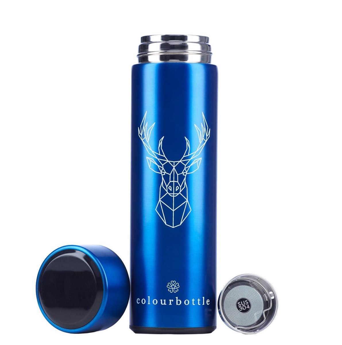 Blauwe Colourbottle® - Luxe Thermosfles met LED temperatuurdisplay - 500ml - Roestvrij Staal - Waterfles - Theebeker - Theefilter - Blauwe Drinkfles