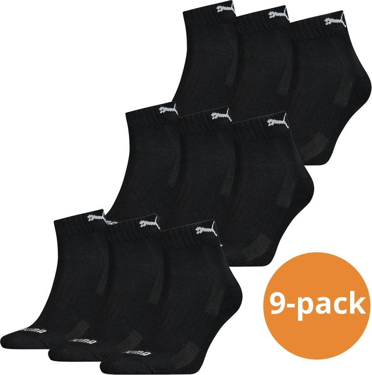 Puma Quarter Sokken- 9 Paar Enkelsokken- Zwart - Unisex - Maat 35/38