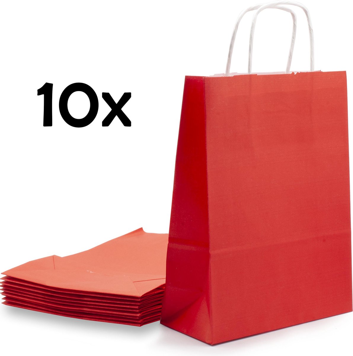 PrimeAmbition Kraft Papieren Tasjes Met Handvat – 10 Stuks – Rood – 18 x 8 x 24 cm – Papieren Zakjes - Gift Bag – Geschenktas – Cadeautasjes – Cadeauzakjes – Cadeau Tas