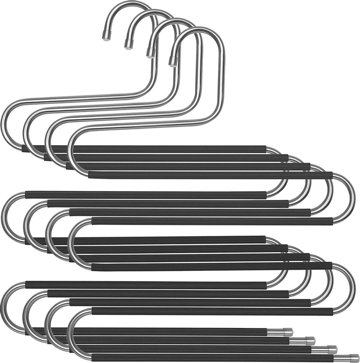 Nancy's Luxe Broekhangers - Set Van 4 - Voor 5 Broeken Per Stuk - S-Vorm - Anti-Slip - Zwart - RVS