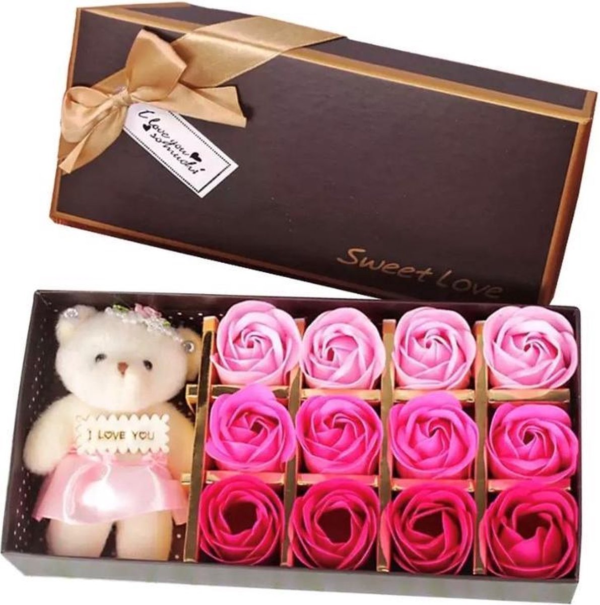 Geschenkset voor haar / Rozenzeepjes met beertje / Bloemen / cadeautje / cadeaupakket / in cadeauverpakking / 12 rozenzeepjes / voor vrouw
