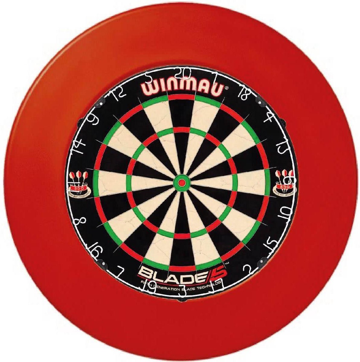 Winmau Blade 5 met Rubberen Dartbord Surround Ring Rood en ABC Darts scorebord