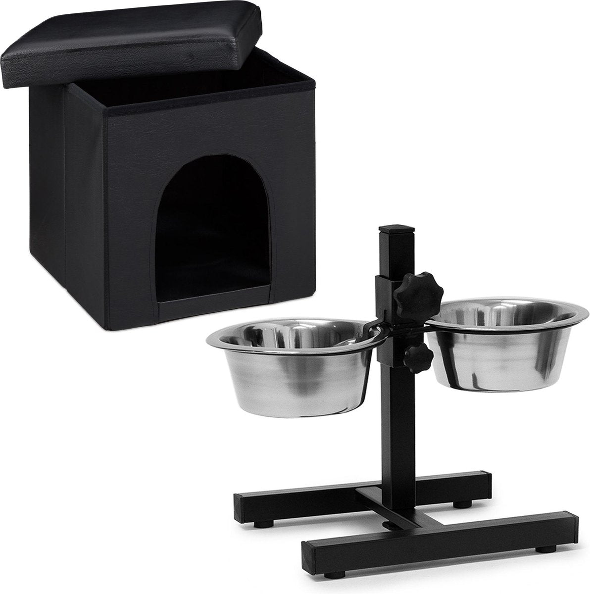 relaxdays 2er Home Sweet hond Deluxe set - poef hondenmand - voerbak verstelbaar - hocker