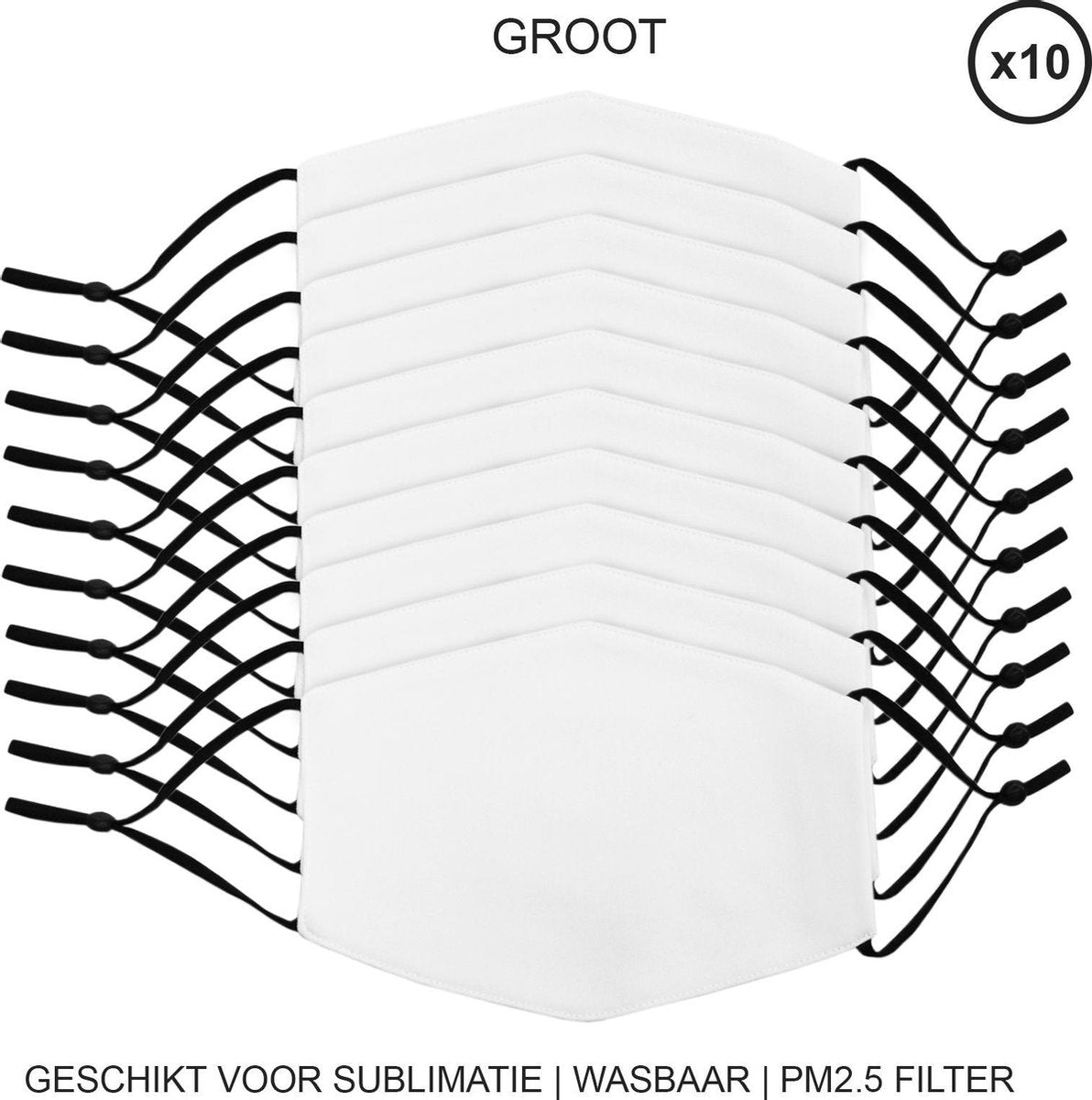 Sublimatie Mondkapjes - Large - Set van 10 - Bedrukbaar - Blanco - 18.5 x 13 cm - handwasbaar – vijf laagse filter PM2.5 - verstelbaar - mondmasker herbruikbaar