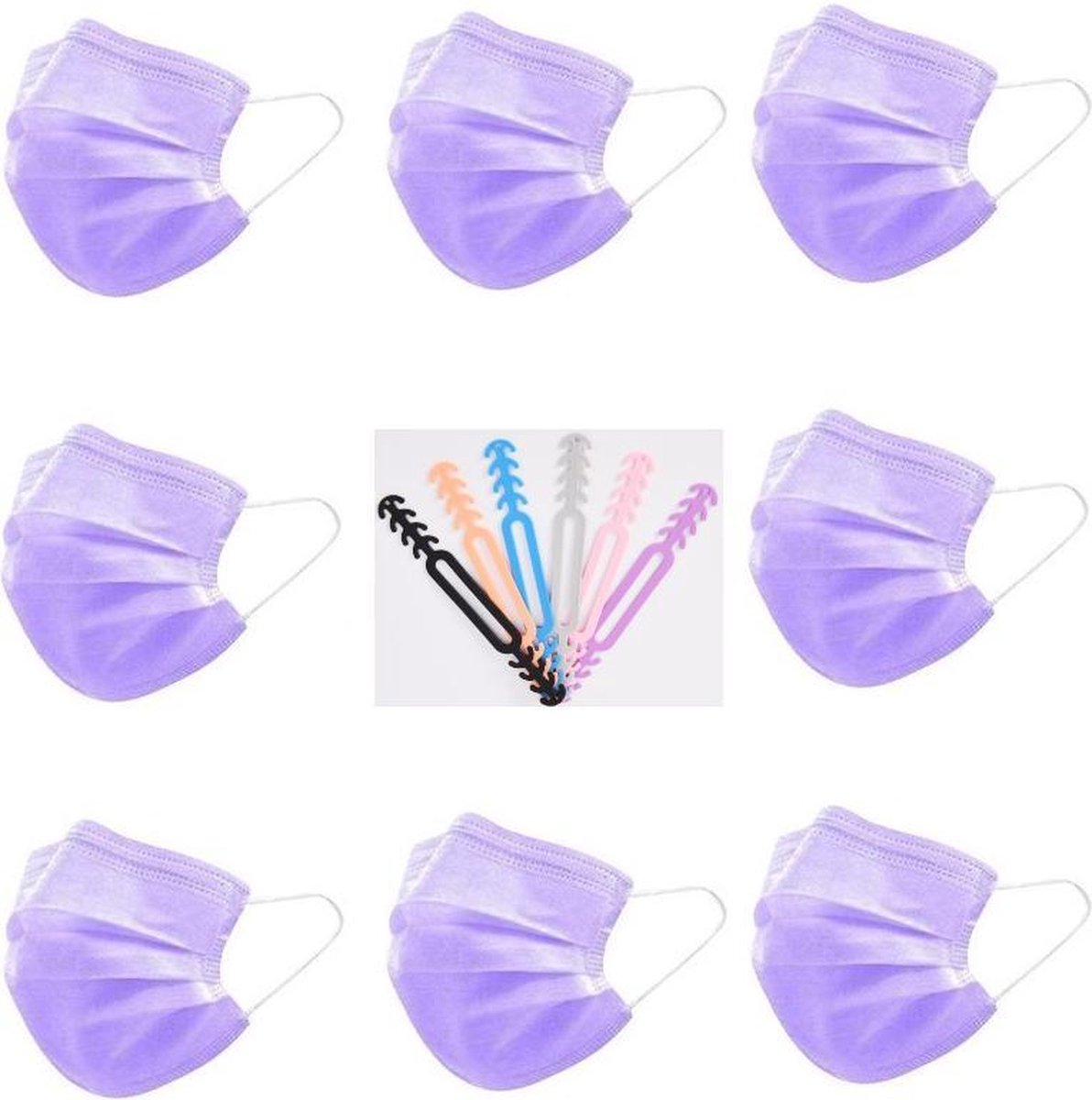 Paarse Wegwerp Mondmaskers | 100 Gekleurde Lila Mondkapjes | Met 6 Earsavers Mixed Kleuren | 3 Laags | Hoogste Kwaliteitsgarantie