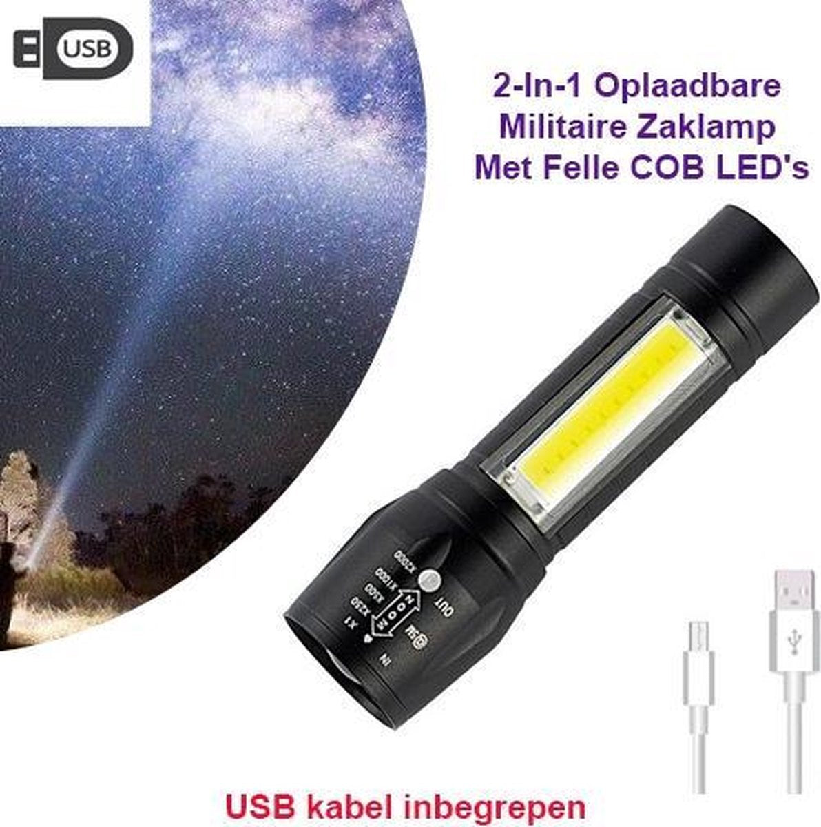 2-Stuks USB Oplaadbare Militaire Mini Zaklamp Met Felle COB LED’s