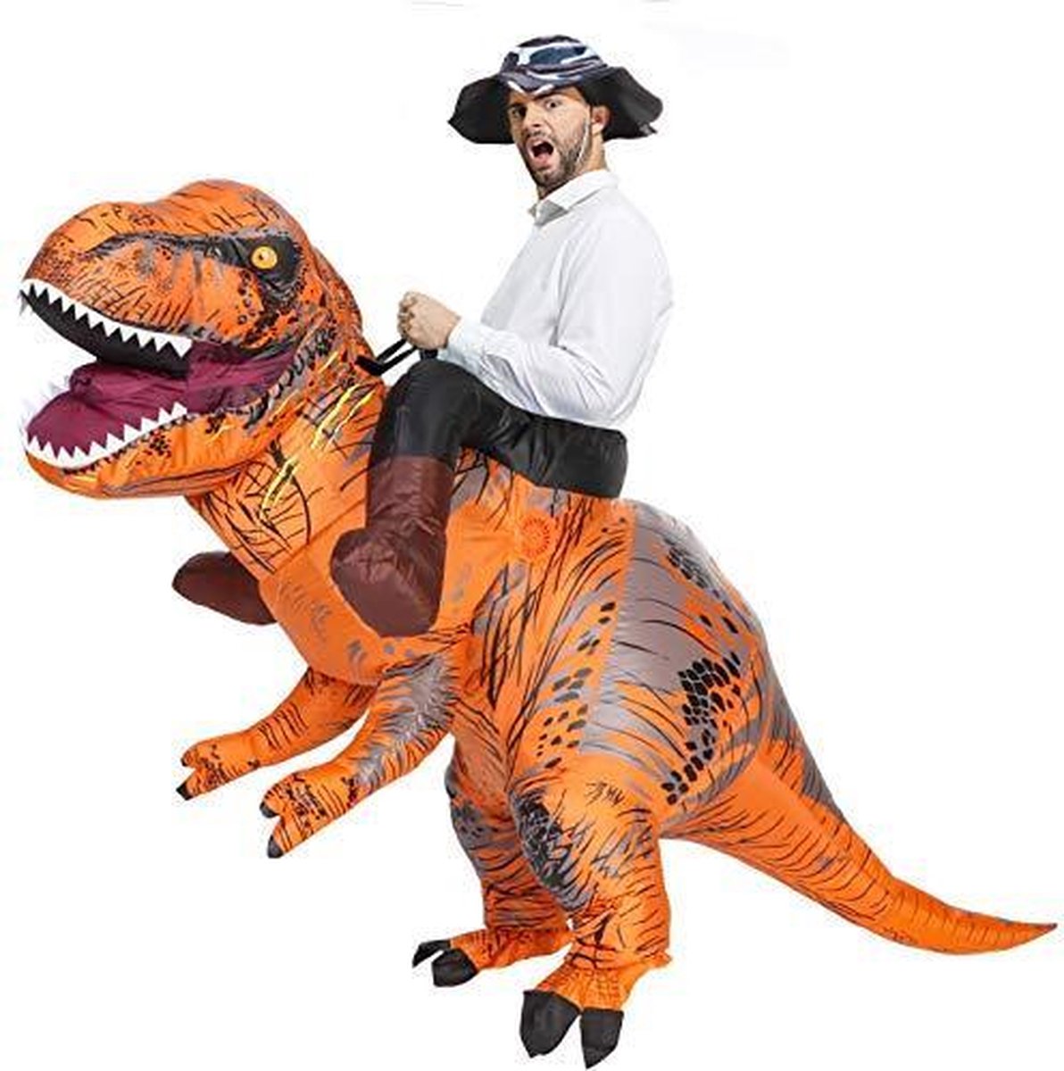 Opblaasbaar rijdend op T-rex kostuum bruin - one size - dino pak dinosaurus Jurassic World™ Trex dinopak