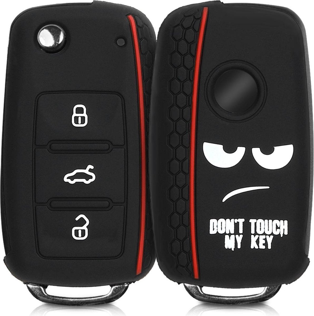 kwmobile autosleutelhoes voor VW Skoda Seat 3-knops autosleutel - Siliconen beschermhoes in wit / zwart / rood - Don't Touch My Key design