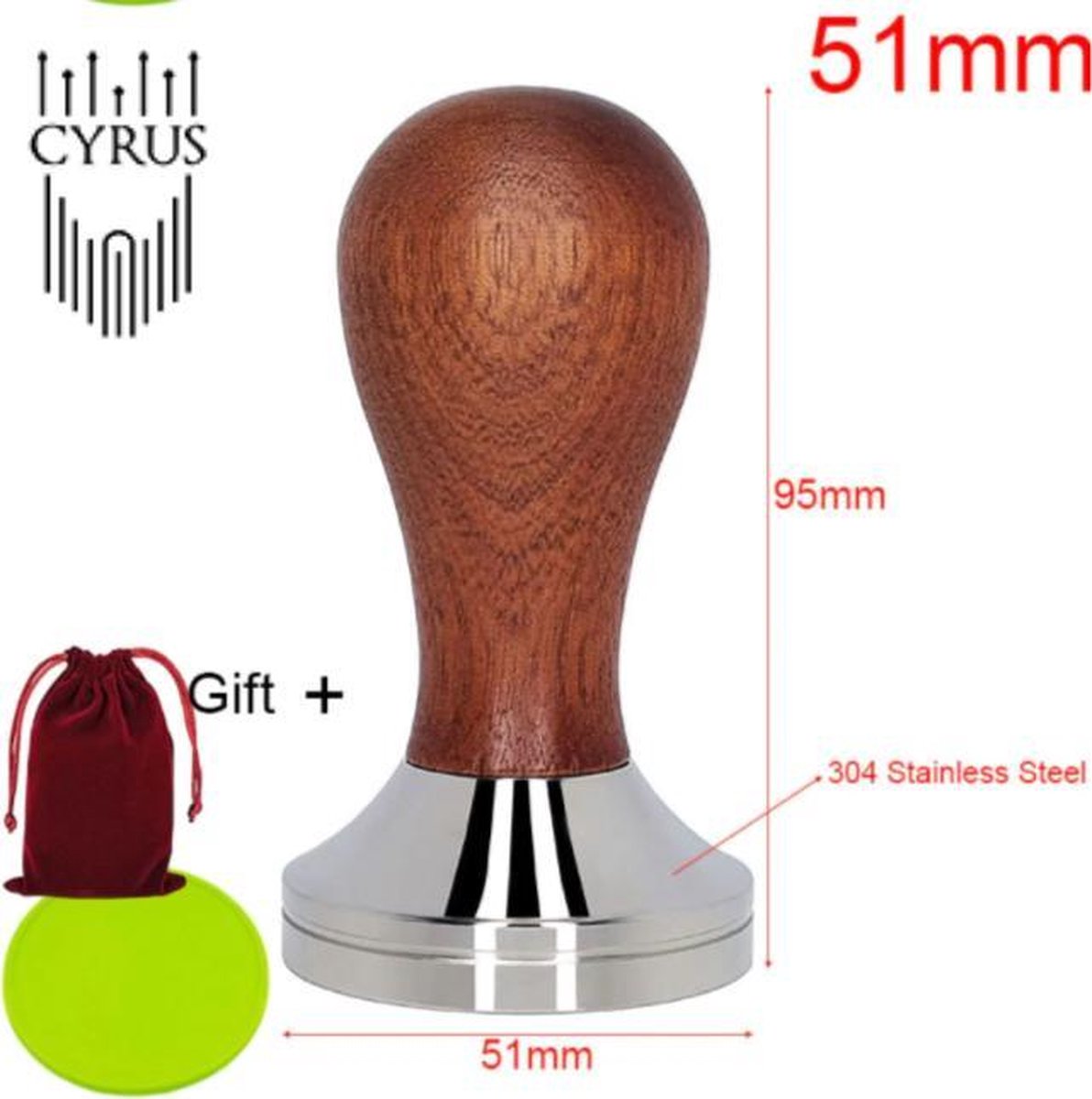 Cyrus Tamper rvs 51mm houten handvat - barista tools - cyruscoffee - stamper + gift