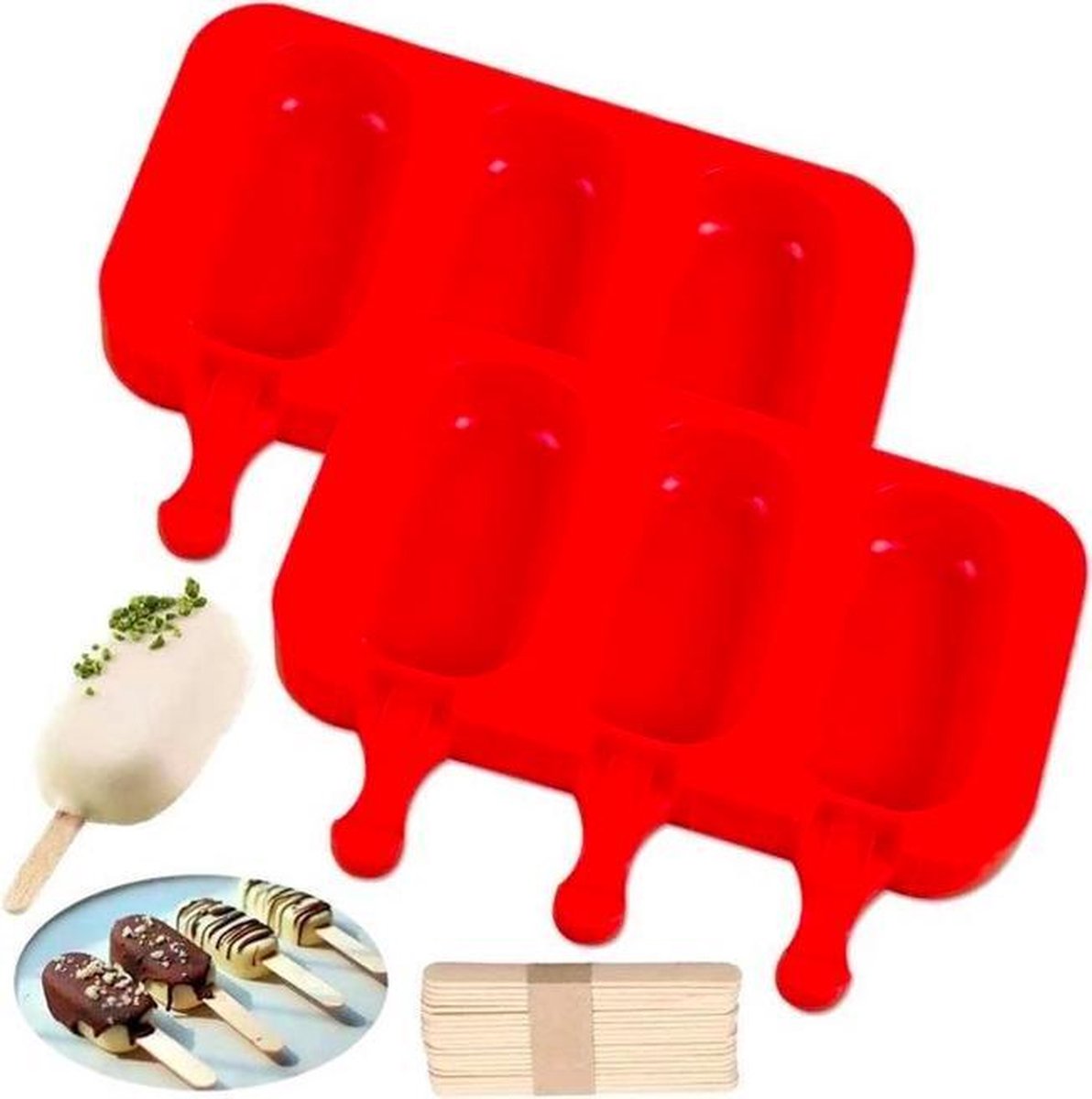ProductGoods - Siliconen Bakvorm Magnums Maker - Waterijs Maker - Fruitijs Maker - Yoghurt Ijs Maker - Chocoladevorm - Bakvormen - Ijsjesvormpjes + 21 Gratis Stokjes Voor Het Ijs - Kleur Rood