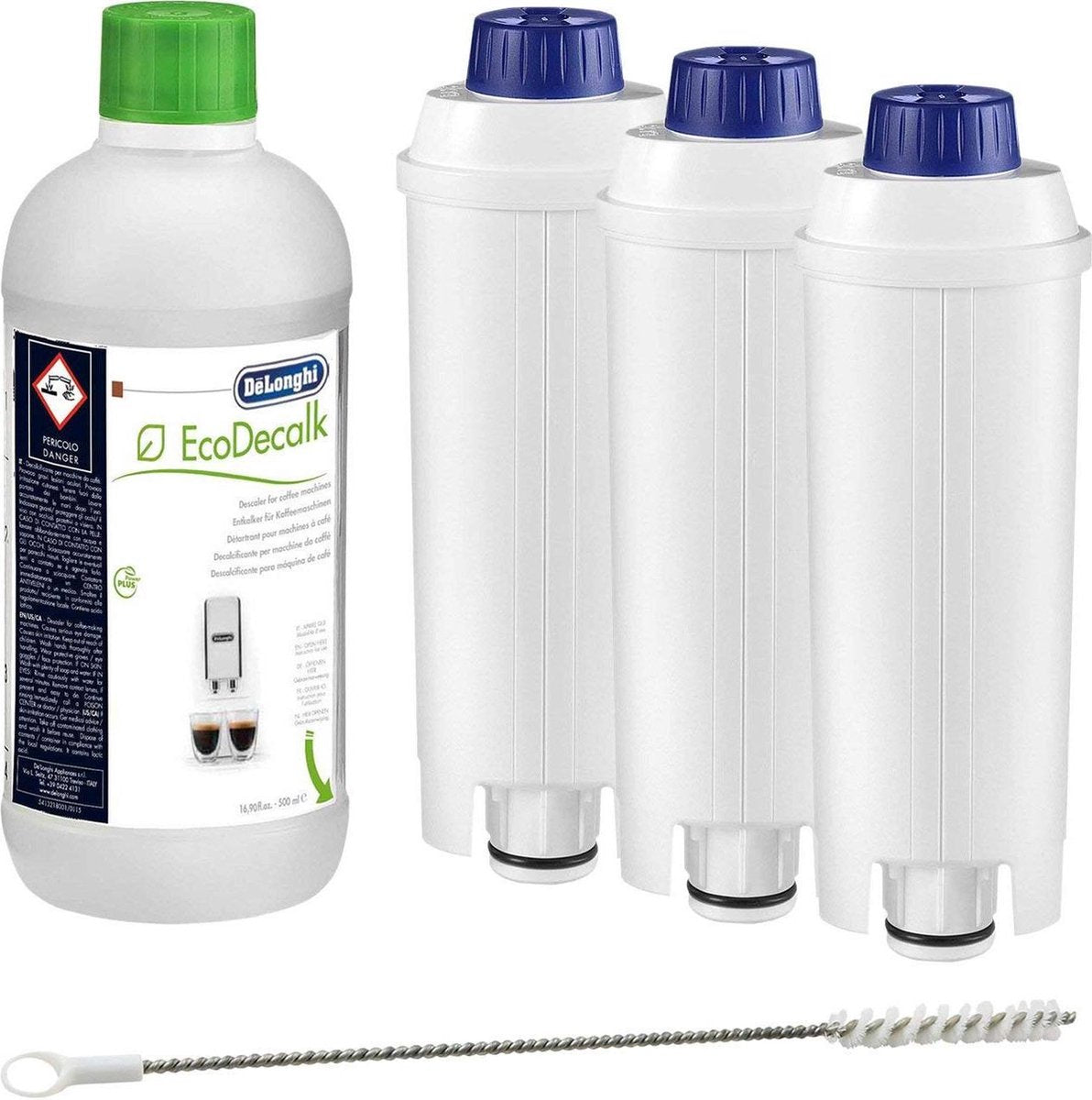 3X DeLonghi DLSC002 Waterfilter + Delonghi Ontkalker DLSC500 + Borstel