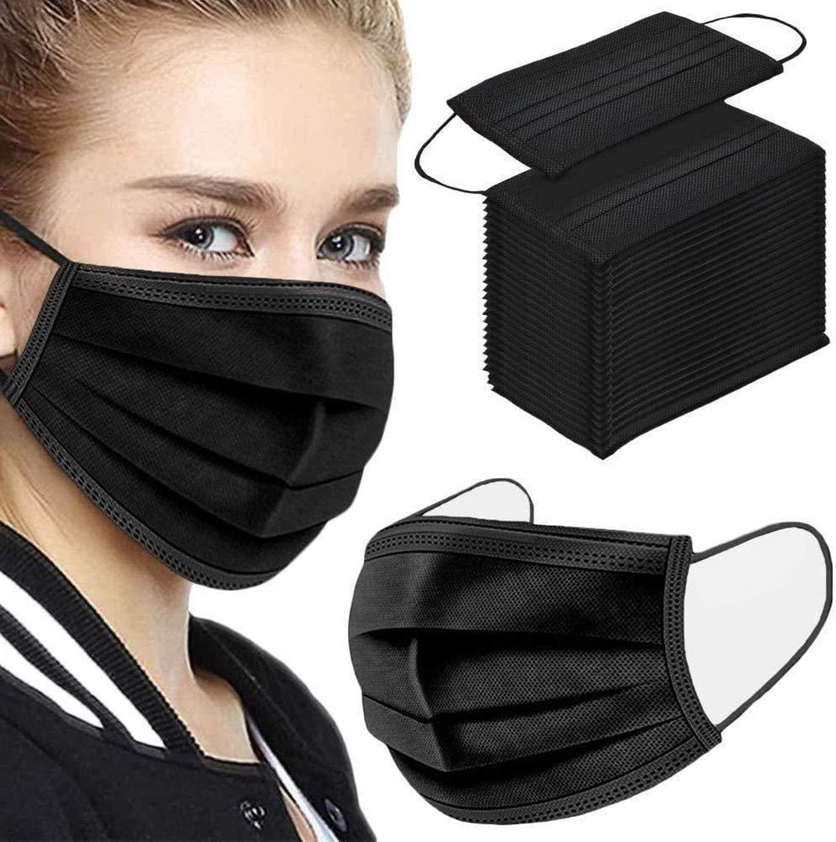 (Pak van 100) Zwarte 3-laags Mondkapje - Wegwerp zwarte gezichtsmaskers Beschermende 3-laags ademende drievoudige mondkap met elastische oorlussen