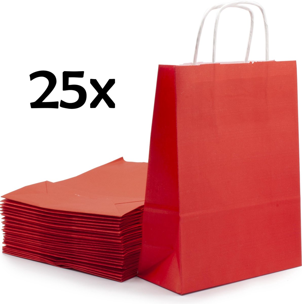 PrimeAmbition Kraft Papieren Tasjes Met Handvat – 25 Stuks – Rood – 18 x 8 x 24 cm – Papieren Zakjes - Gift Bag – Geschenktas – Cadeautasjes – Cadeauzakjes – Cadeau Tas
