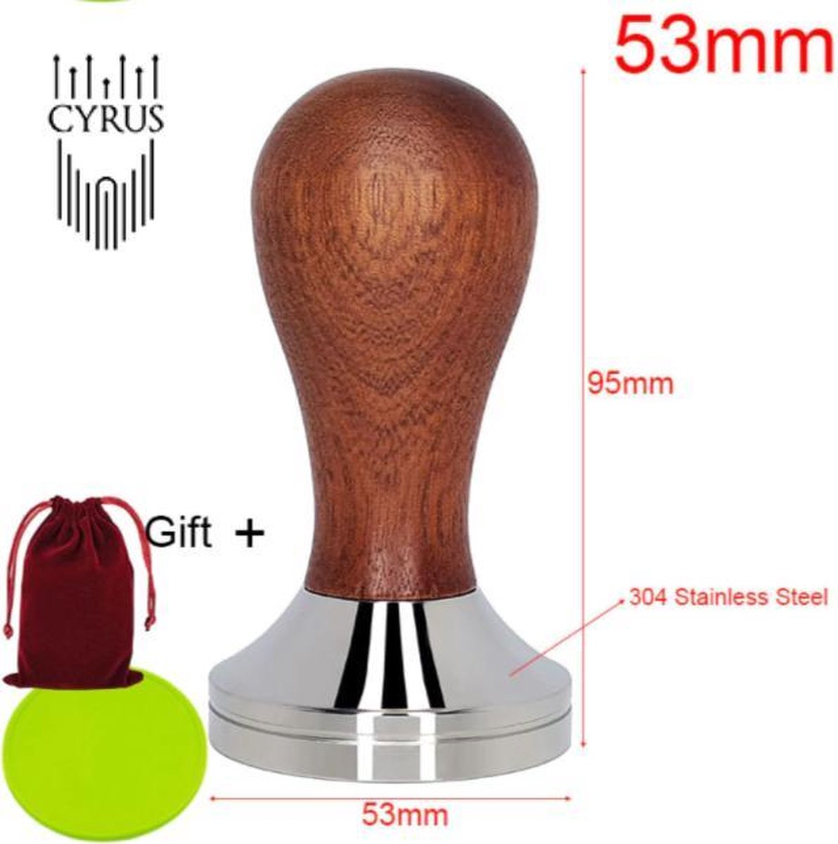 Cyrus Tamper rvs 53mm houten handvat - barista tools - cyruscoffee - stamper + gift