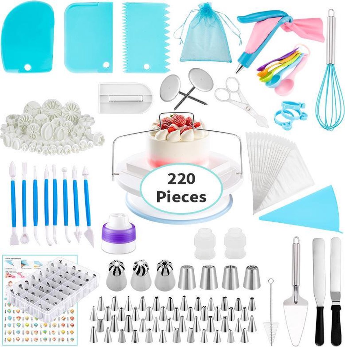 TDR - Luxe Cake & Taart Decoratie Set - 220-delig - Bakspullen - Taartversiering - Incl. Spuitzak Met Spuitmondjes Set – Taartplateau – Cupcake Vormpjes – Paletmes – Taartzaag – Cupcake Decoratie – Bakset