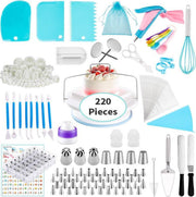 TDR - Luxe Cake & Taart Decoratie Set - 220-delig - Bakspullen - Taartversiering - Incl. Spuitzak Met Spuitmondjes Set – Taartplateau – Cupcake Vormpjes – Paletmes – Taartzaag – Cupcake Decoratie – Bakset