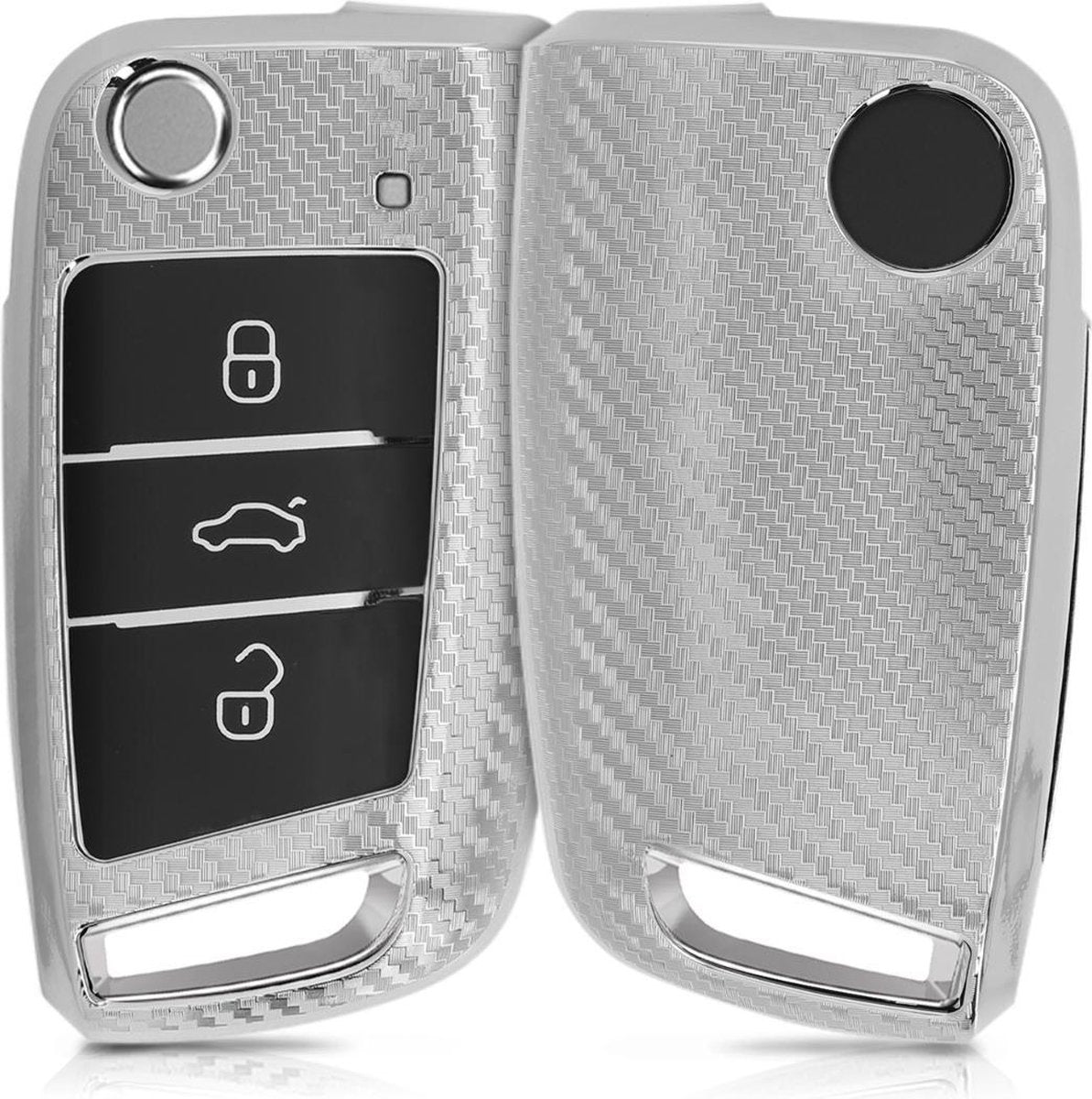 kwmobile autosleutelhoes voor VW GTI Skoda RS 3-knops inklapbare autosleutel - TPU beschermhoes - sleutelcover - Carbon design - zilver