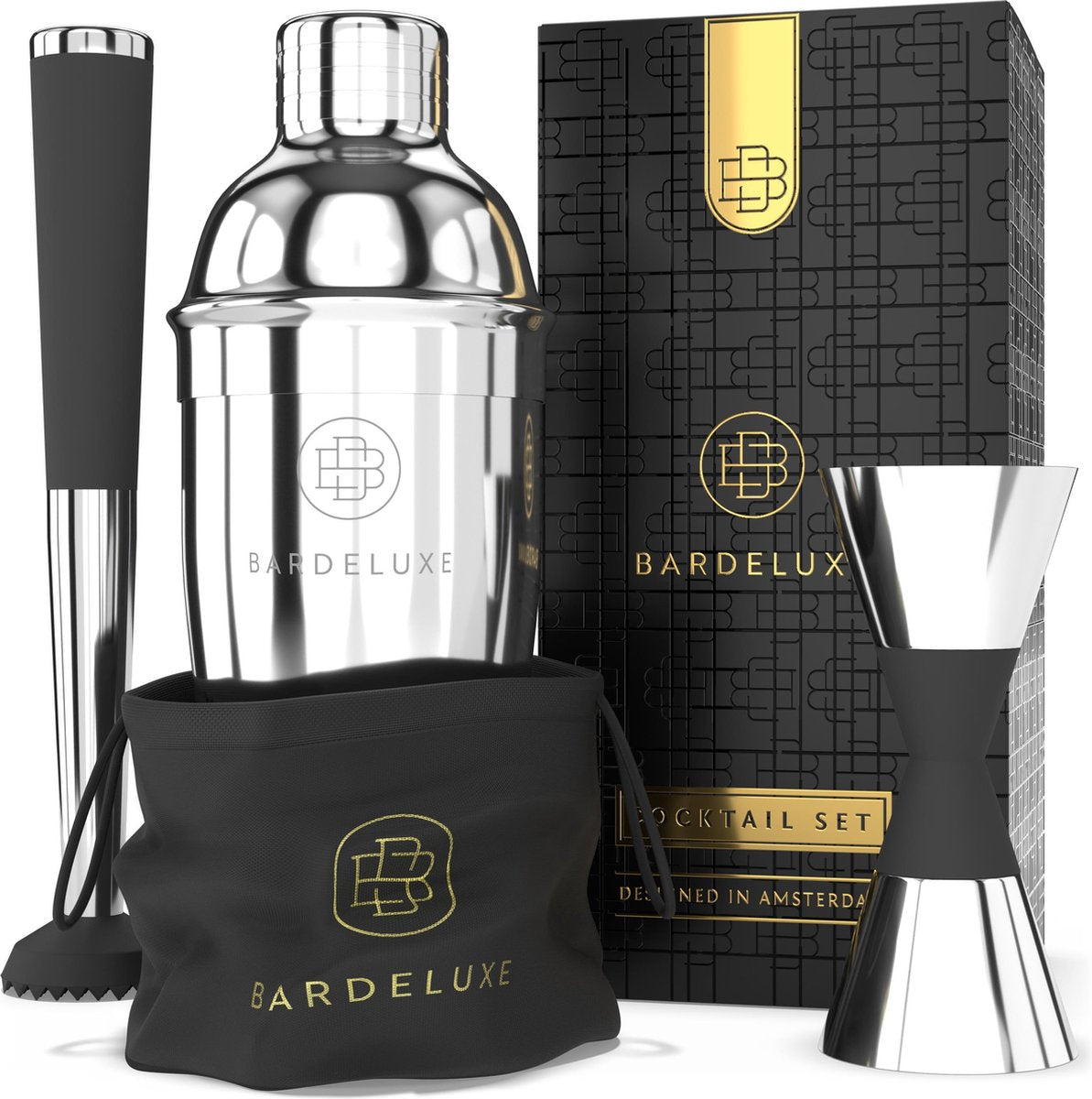 Cocktail Set van BarDeluxe® - 3-Delig - 750ml Cocktail Shaker - Jigger / Maatbeker - Cocktail Stamper - Inclusief Nederlandstalig Receptenboek + Bewaarhoes - Zilver