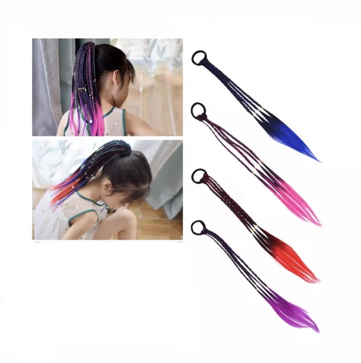 Haar Extension Vlecht Elastiek Meisjes Hair kleuren Paars met Zwart Kleurvlecht Haarelastiekje Staartje Haarextension