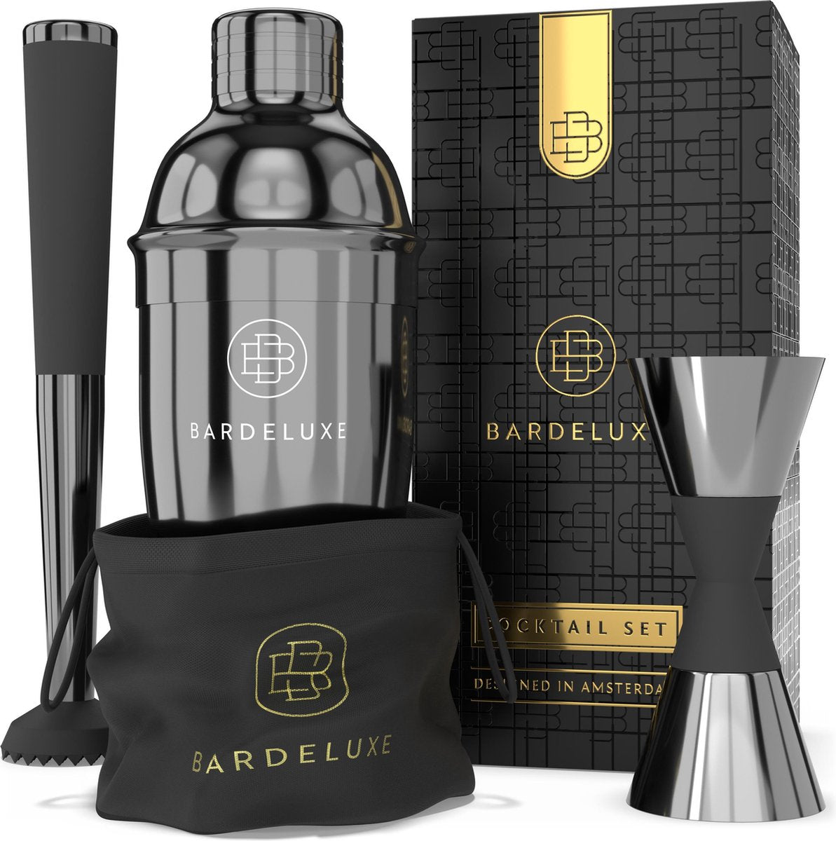 Cocktail Set van BarDeluxe® - 3-Delig - 750ml Cocktail Shaker - Jigger / Maatbeker - Cocktail Stamper - Inclusief Nederlandstalig Receptenboek + Bewaarhoes - Metaal Zwart