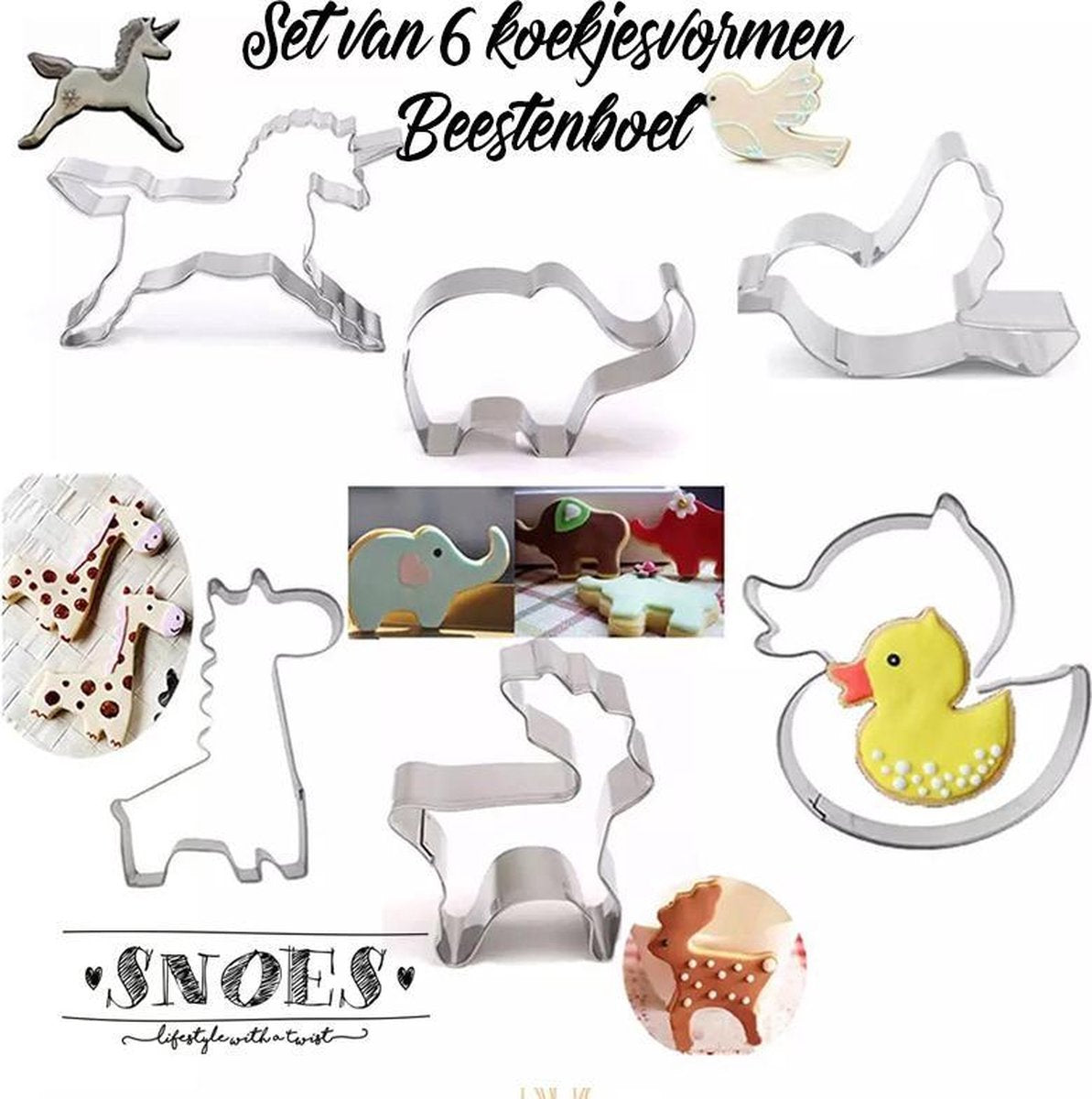 Snoes * Set van 6 Koekjes Uitsterkers * Beestenboel * Dieren * Zandkoekjes * Koekvorm * Fondant * Marsepein * Bakken * Gifraf * Eenhoorn * Eend * Olivant * Hert * Duif