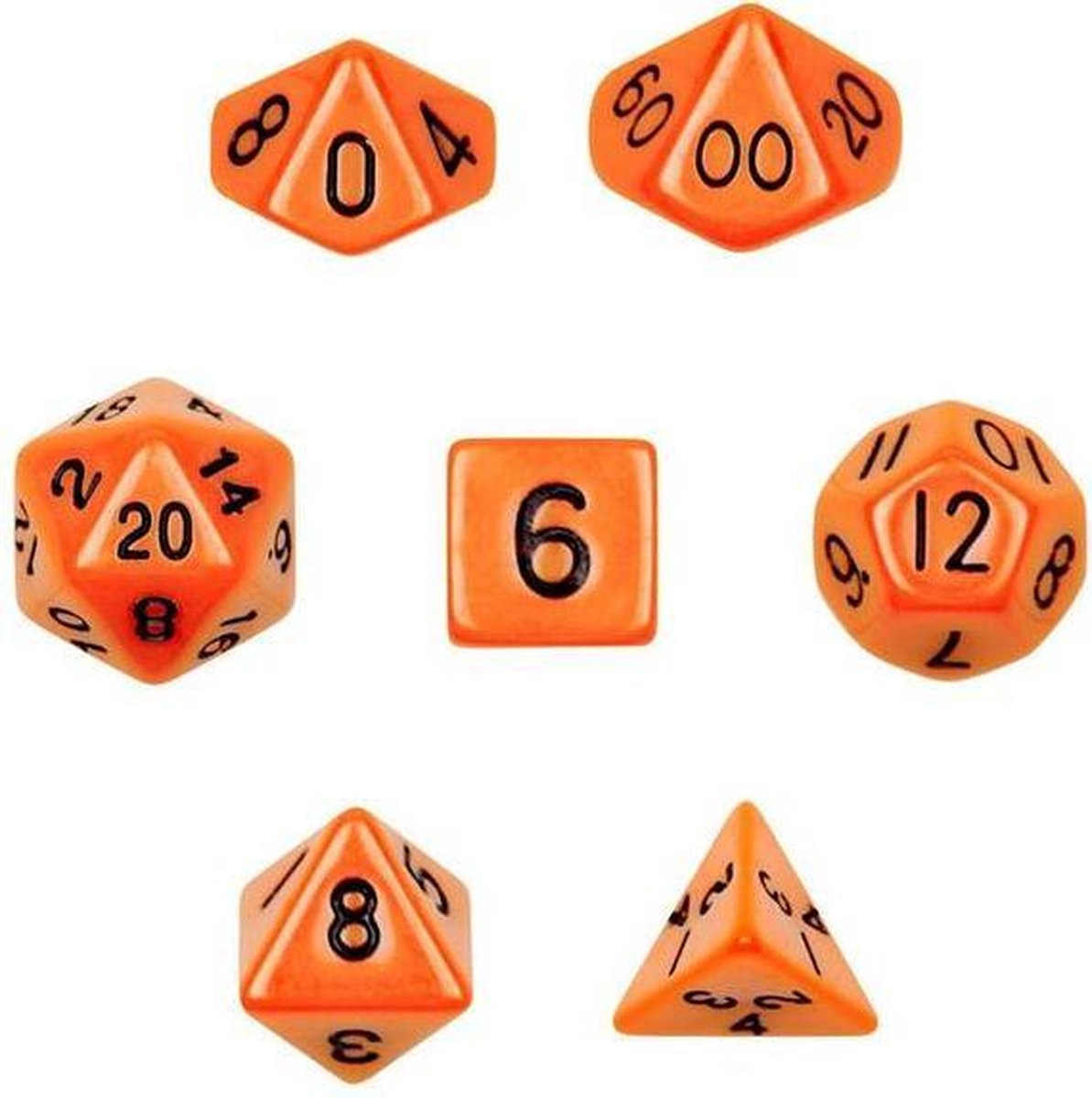 Polydice set - Polyhedral dobbelstenen set 8 delig | Set van 7 in velours bewaarzakje / bag / pouch | dungeons and dragons dice | D&D Pathfinder RPG | Oranje Zwart