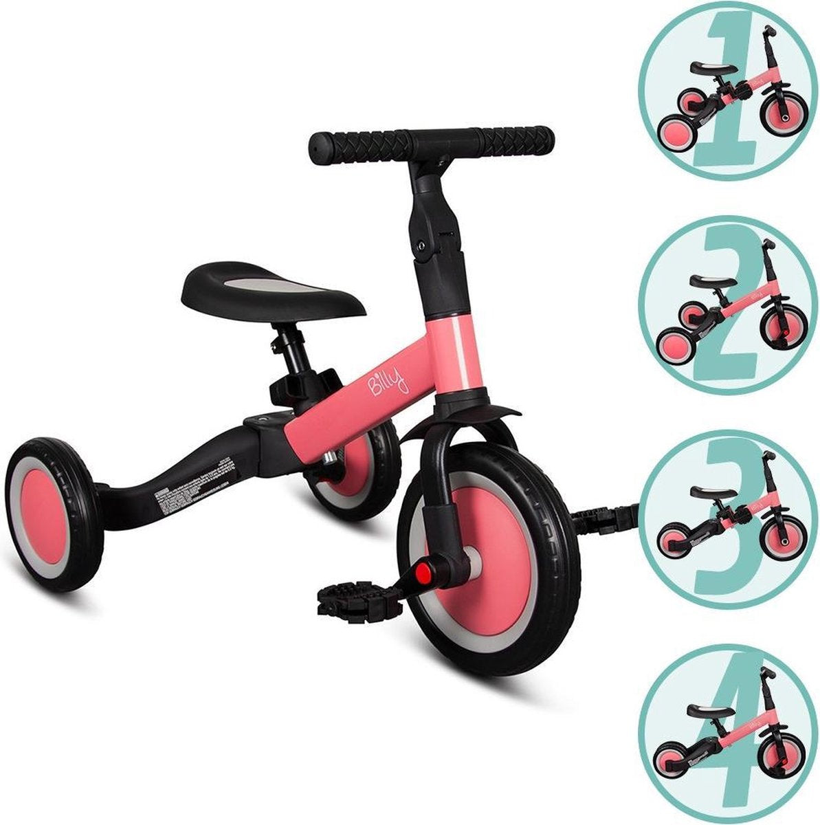 Billy 4 in1 Driewieler - Loopfiets - Balance Bike - Fresa - Roze