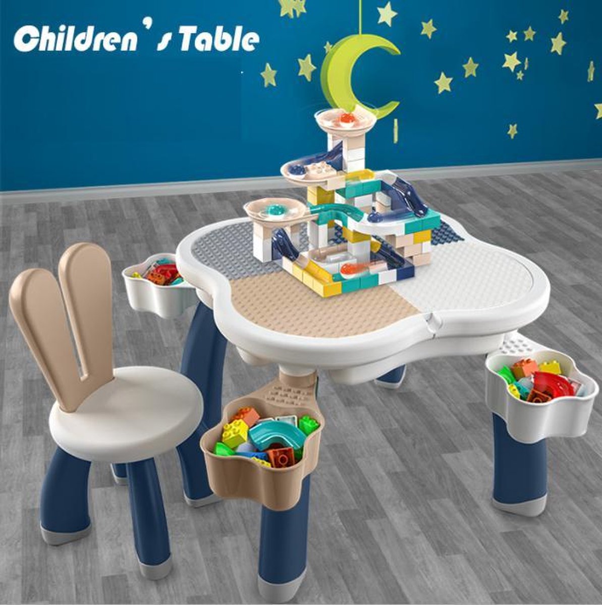 Schattige extra grote bouwtafelset voor Kleine & Grote Lego bouwstenen - Stevige & Stabiele + 2 Bunny stoelen + 4 Opbergdozen - Speeltafel Kinderen