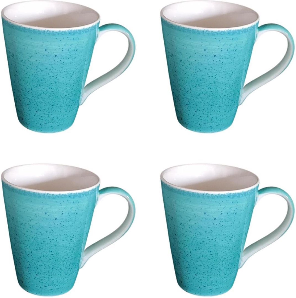 Mok - Beker - Set van 4 stuks mokken/bekers - Keramiek - 100% hand painted - Teal/Neon Turquoise- 300 ml