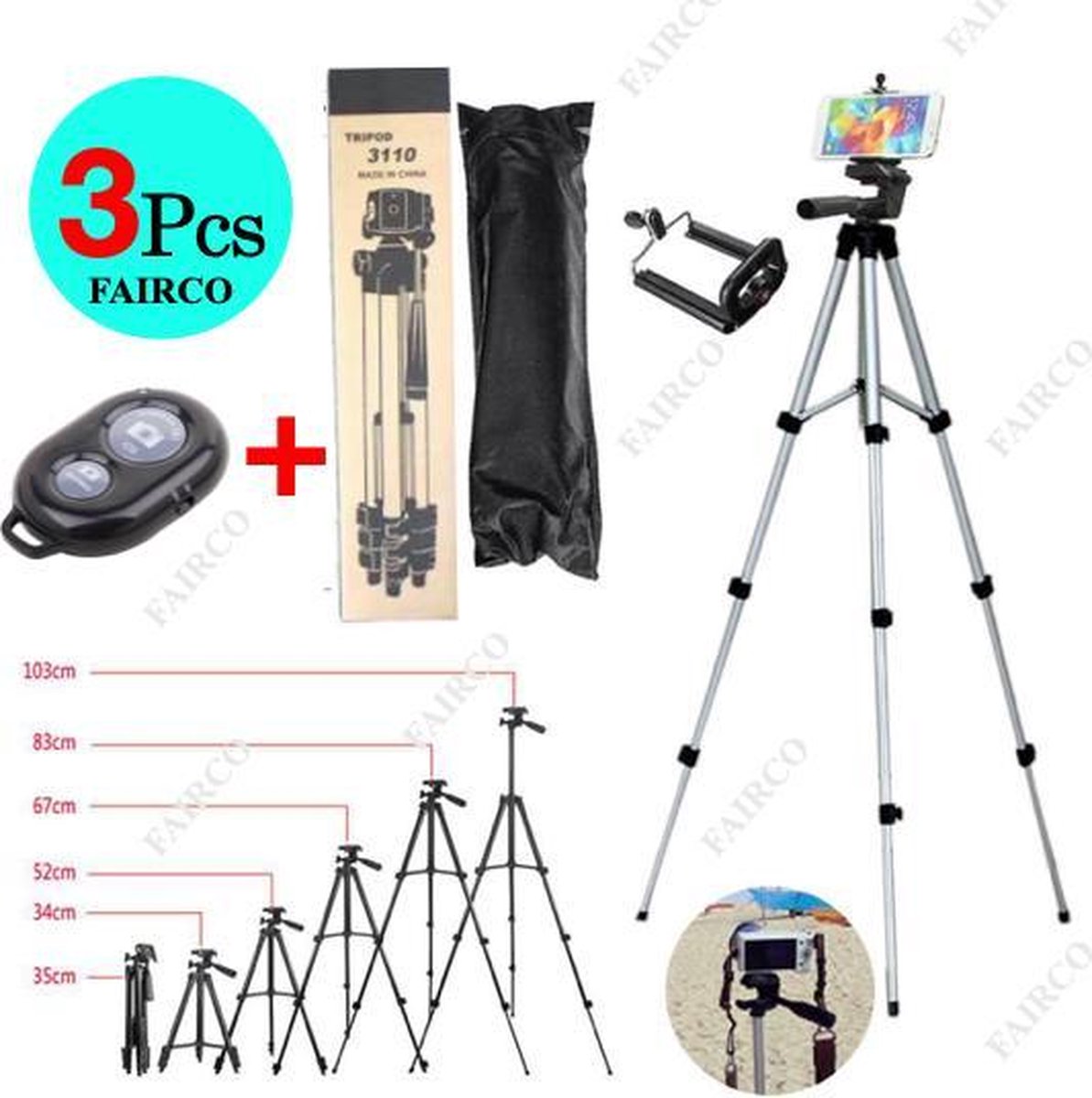 3Pcs Camerastatief Tripod Voor Fotocamera en Smartphone - iPhone - Canon – Nikon - Spiegelreflexcamera Inclusief Bluetooth Remote Shutter en Waterpas