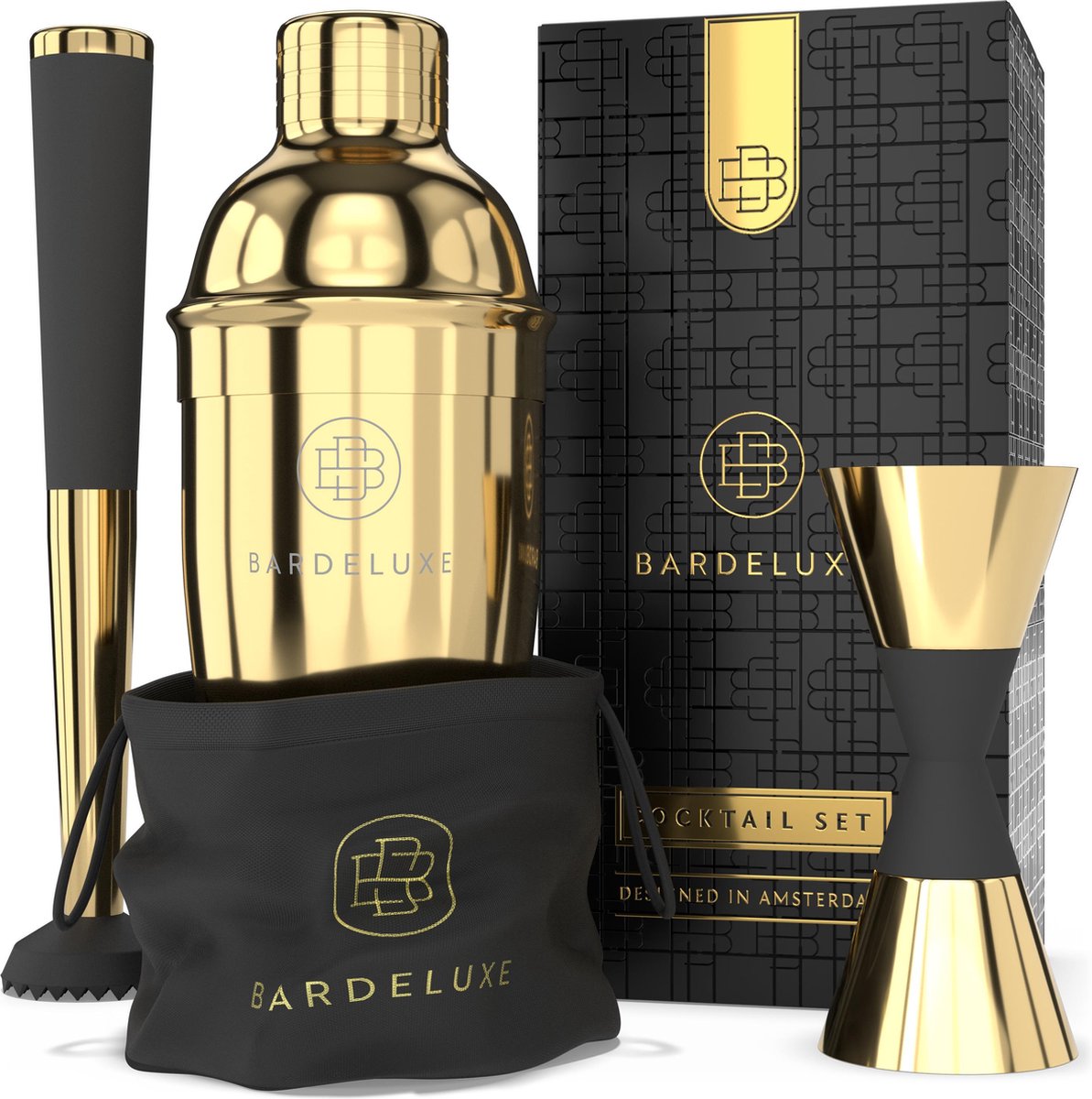 Cocktail Set van BarDeluxe® - 3-Delig - 750ml Cocktail Shaker - Jigger / Maatbeker - Cocktail Stamper - Inclusief Nederlandstalig Receptenboek + Bewaarhoes - Goud