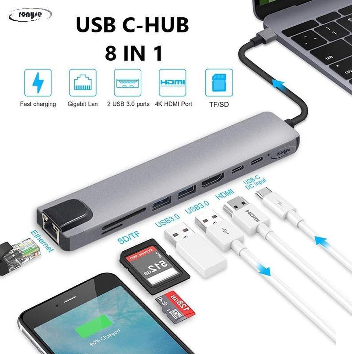 Ronyse® 8 in 1 USB C-HUB Multipoort Adapter - Compatible met Apple Mackbook Pro