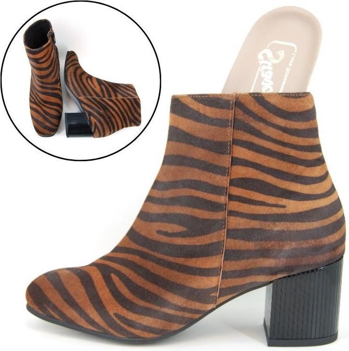 Stravers - Maat 44 Comfortabele Enkellaarsjes met Uitneembaar Voetbed Zebra Print Hak Grote Maten