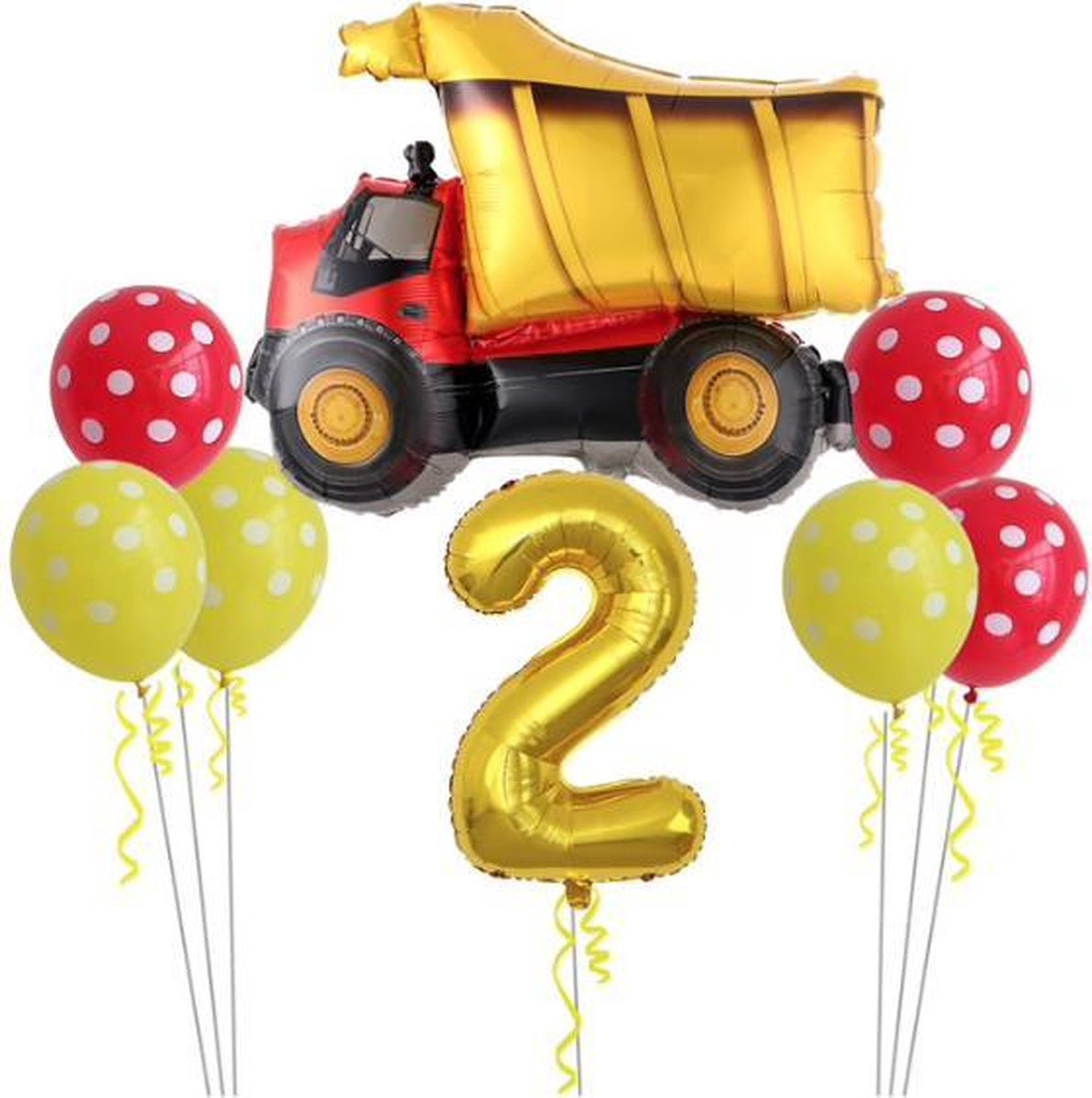 Geweldig 11 delig ballonpakket met grote Kiepwagen en groot cijfer 2 (80 cm hoog)