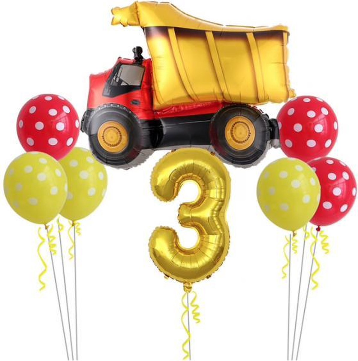 Geweldig 11 delig ballonpakket met grote kiepwagen en groot cijfer 3 (80 cm hoog)