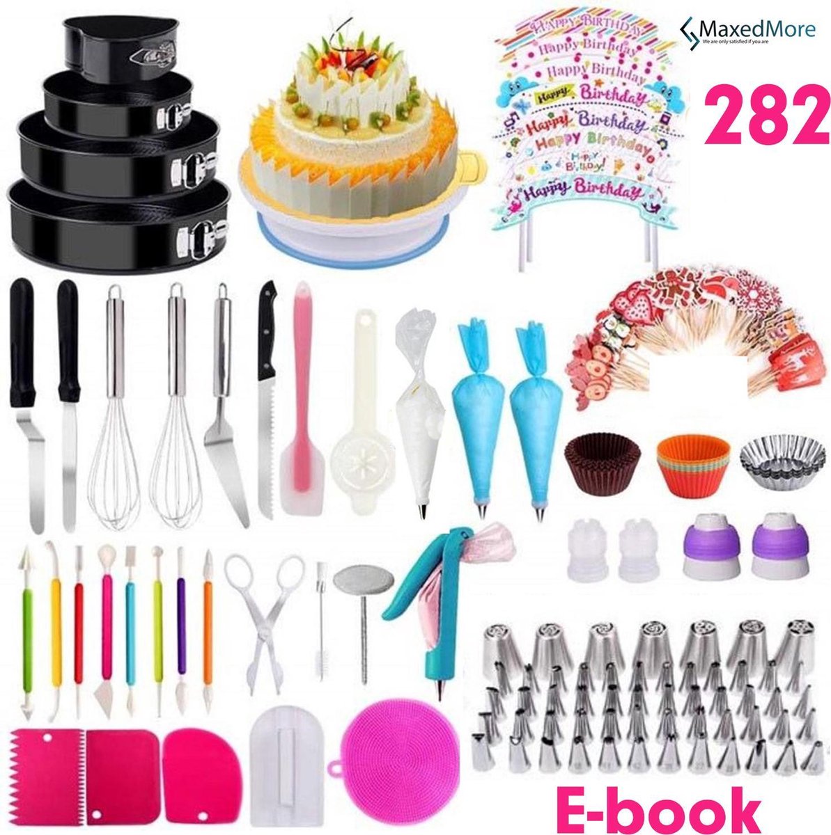 MaxedMore 282-Delige Luxe Taart Decoratie Set - Met E-Book - Benodigdheden voor het Decoreren van Taarten en Cupcakes - Taartdecoratie voor Verjaardag - Verjaardagstaart Versiering - Draaibaar Taartplateau op Voet - Nylon en Wegwerp Spuitzak
