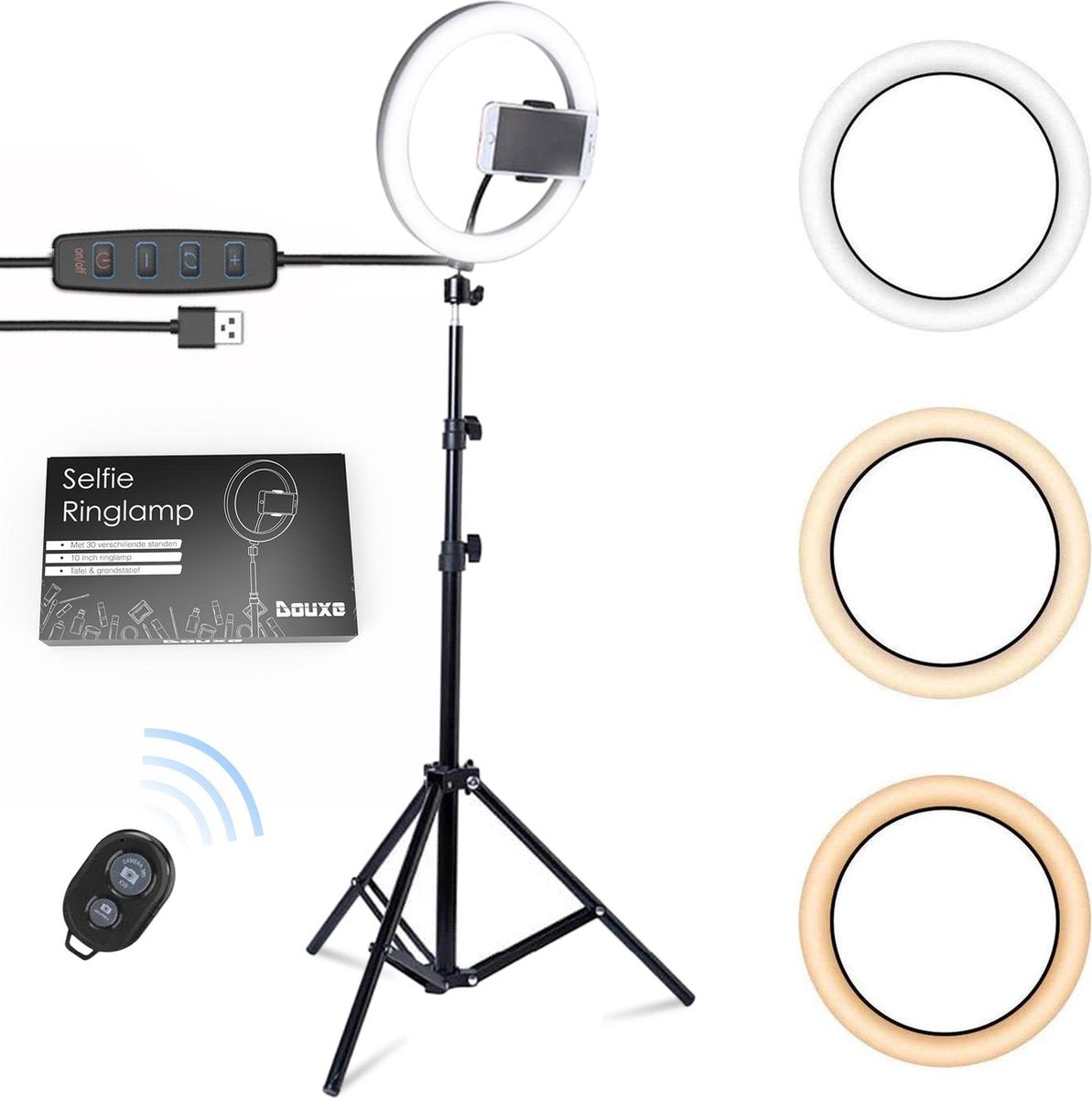 Douxe LED Ringlamp met statief (verstelbaar) incl telefoonhouder en bluetooth afstandsbediening - 26 cm/10 inch -186 cm hoog - USB - TikTok - Ringlight - flitser - Ring lamp - Ringlamp telefoon - Vlog - Make-up light - Studiolamp