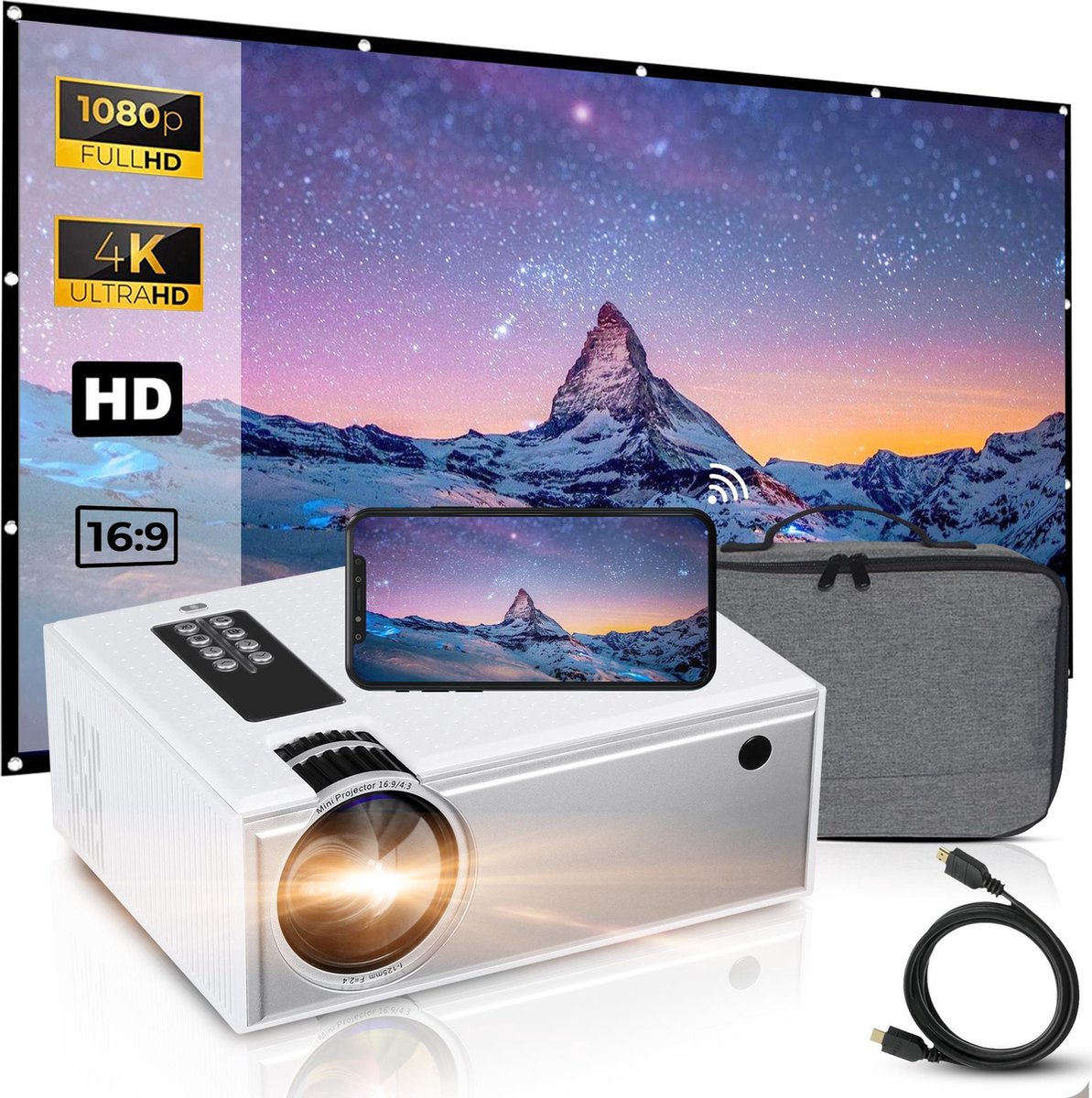 Beamer Projector 1080P Full HD - Incl. Projectiescherm + Draagtas + HDMI Kabel + AAA-Batterijen - Mini Beamer - Beamer Projector