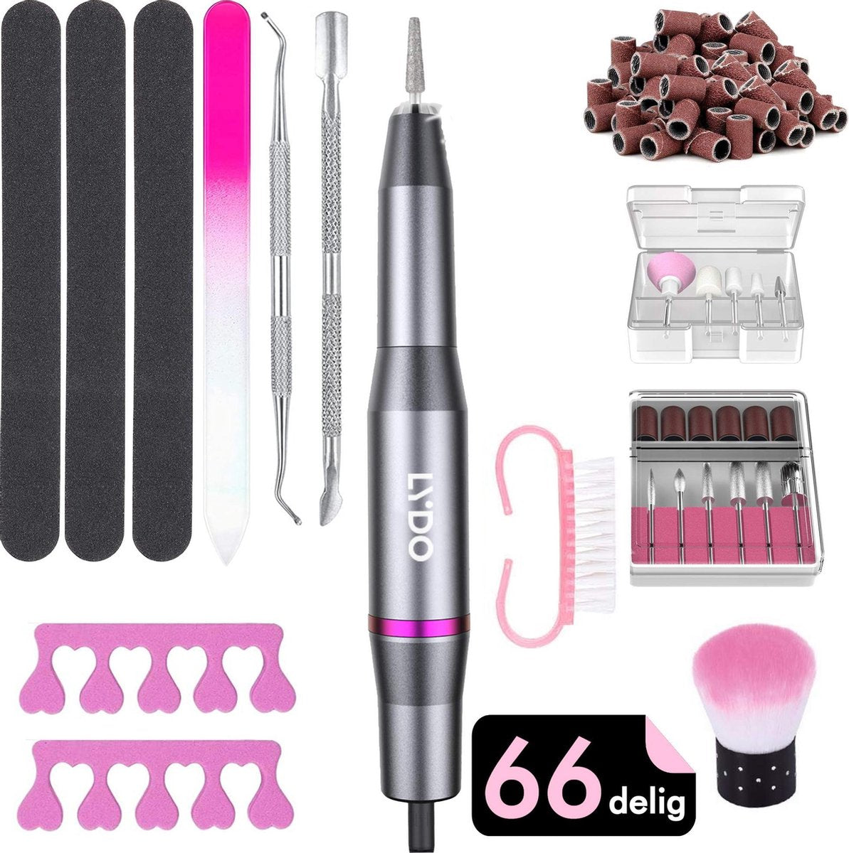 LYDO Elektrische nagelvijl 66-delig + USB Kabel Manicure en Pedicureset – 11 Nagelfrees bitjes en 46 Schuurrolletjes – Eeltverwijderaar - Nagelverzorging