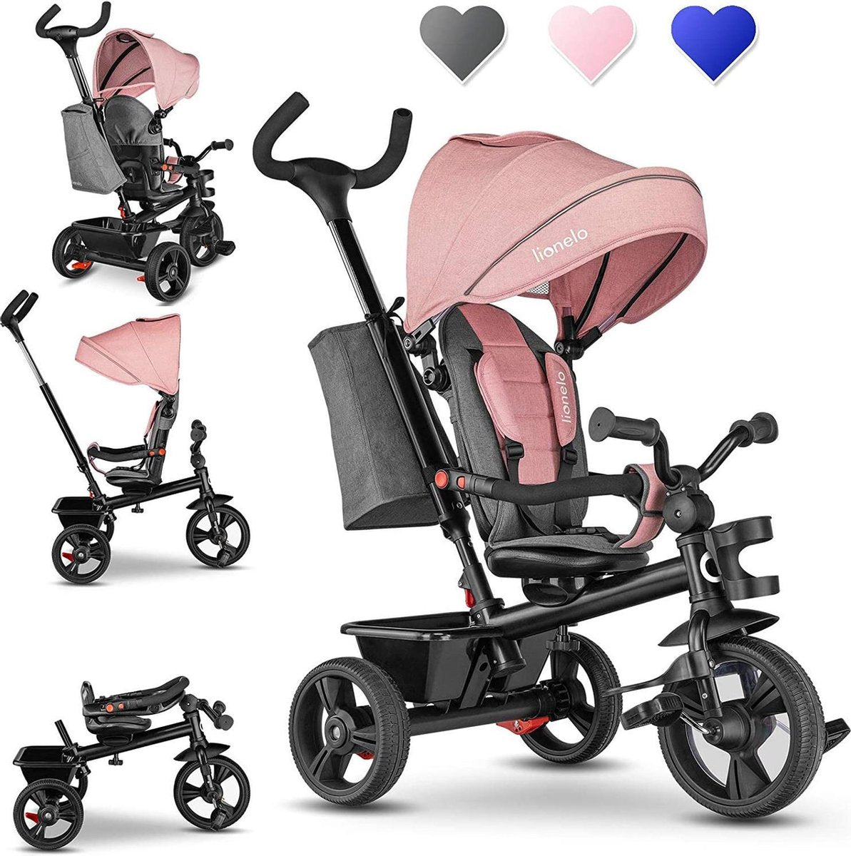 2in1 driewieler met duwstang van 12 maanden tot 35 kg vooruit en achteruit reizen tubeless rubberen banden vrijloop ruime mandzak bekerhouder (roze)