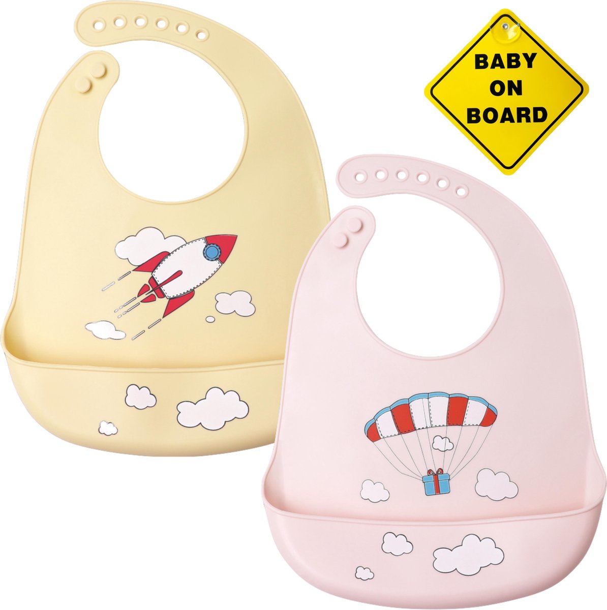 Flouer Siliconen Slabbetje Baby - 2 Stuks - Inclusief Baby on Board Sticker - Khaki en Roze