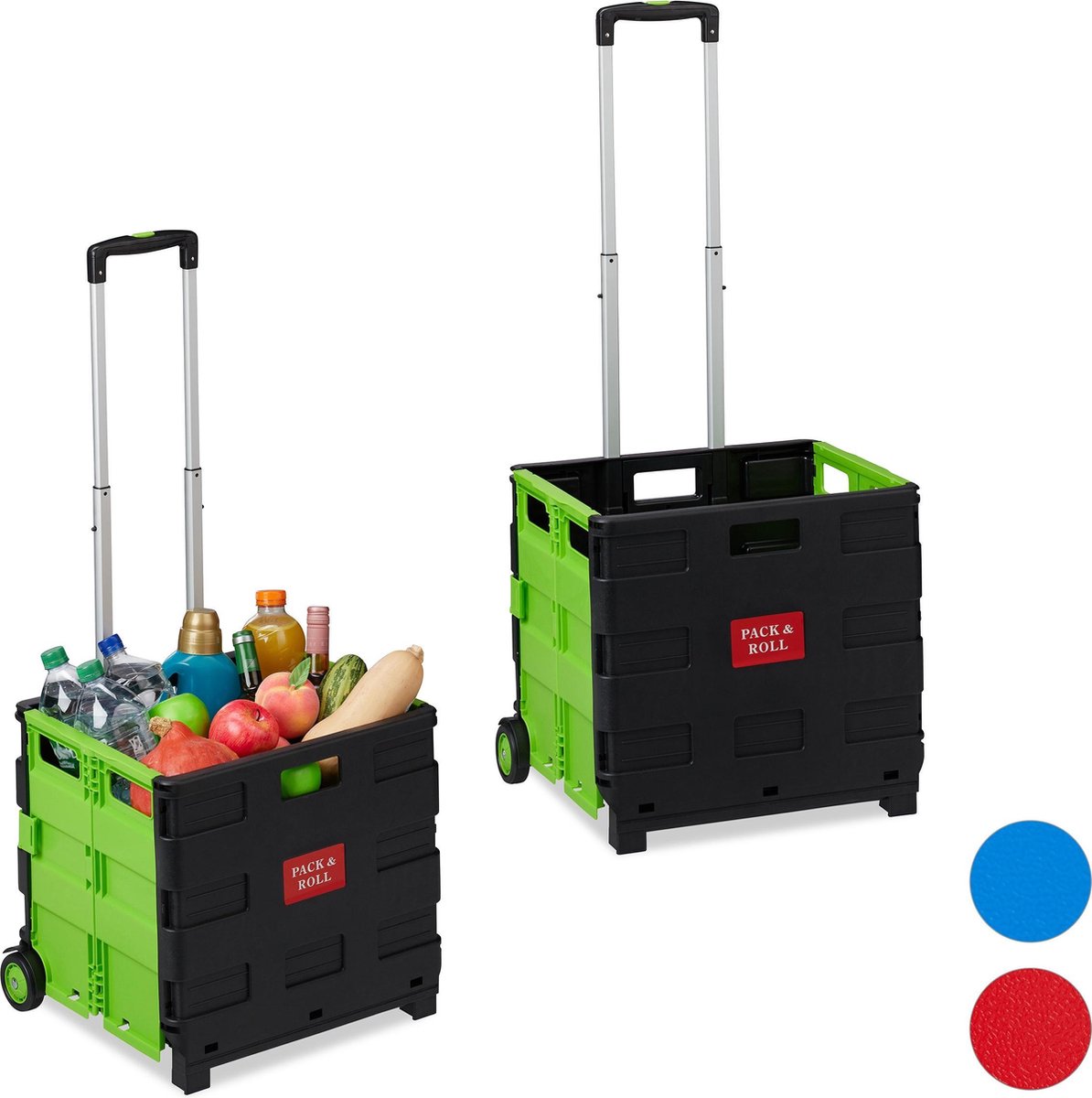 relaxdays 2 x boodschappentrolley - vouwkrat krat op wielen - boodschappenkar groen