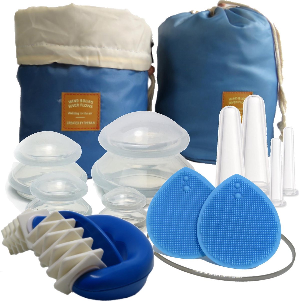 B&P Compleet set cellulite cups en face cups 13 stuks in buideltas – cellulite roller -  silicone - cupping massage cups - vacuüm silicone cupping set