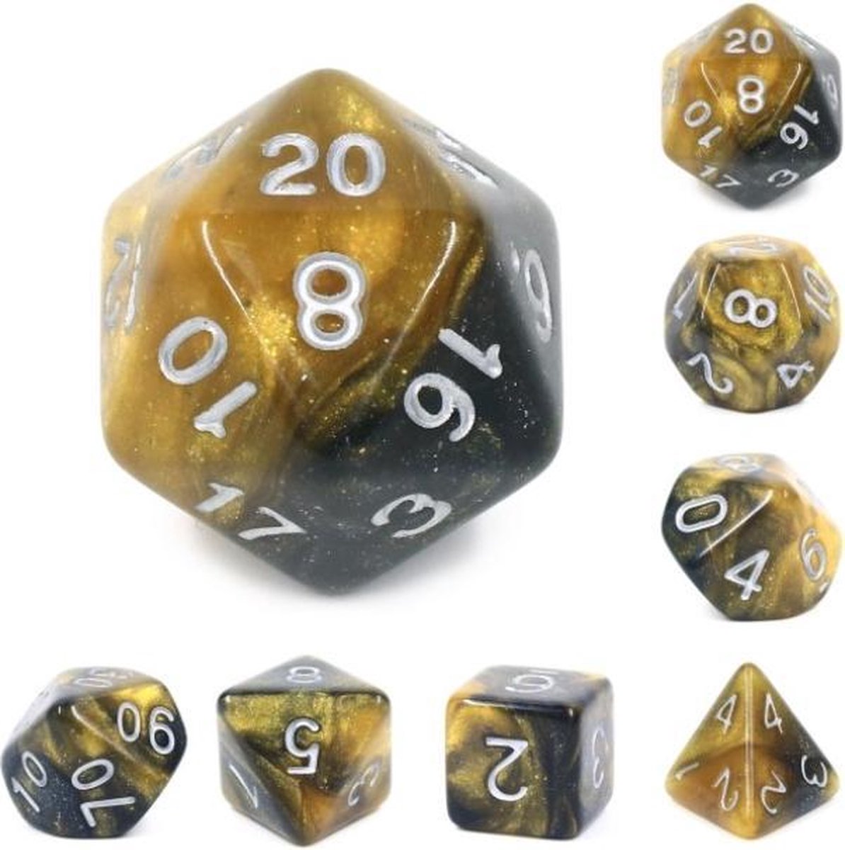 Polyset Dice | Dobbelstenen - Set Van 7 Stuks - Goud Zwart Glitters en Wit | Polydice | Voor D&D en Andere Rollenspellen | Plastic Dobbelstenen Set voor Dungeons and Dragons | Polyhedral Dice Set