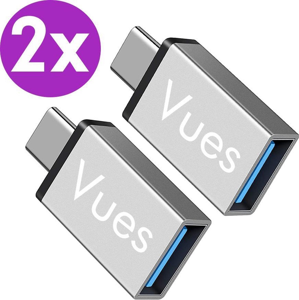 Set van 2 USB-C naar USB-A adapter OTG Converter USB 3.0 - USB C to USB A HUB - Verloop - Zilver