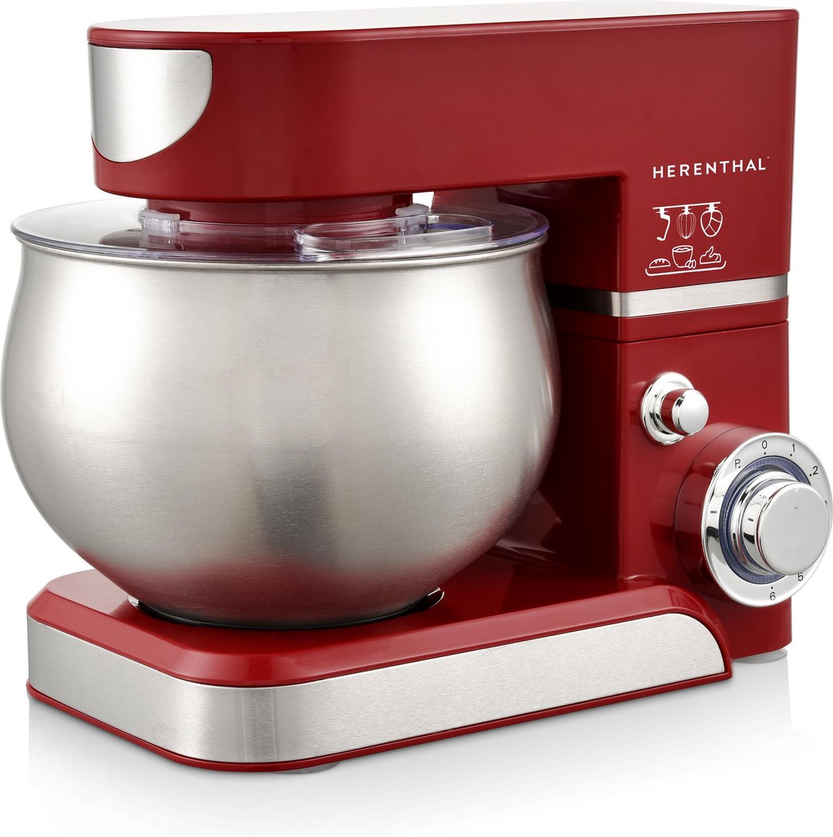 Herenthal - Keukenmachine 1900W 6.5 L - Rood - Kloppen / Mixen / Mengen - pkm1900.472